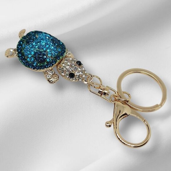 Blue and Gold Turtle Keychain/Purse Bag Charm With Velvet Bag - Picture 2 of 3